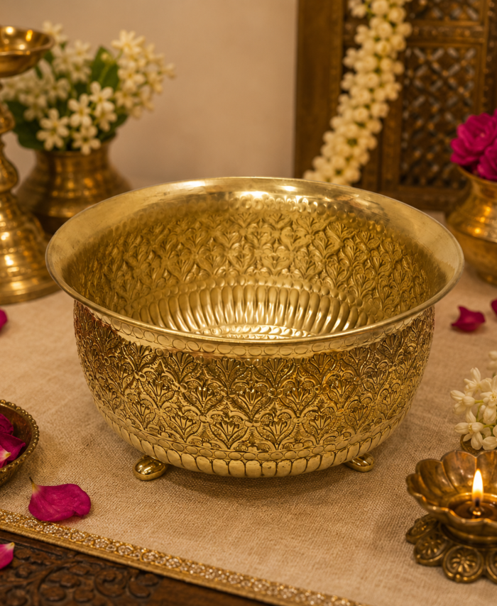 Brass carving bowl for fruit serving and traditional home decor