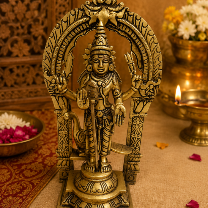 Brass Murugan statue with peacock and decorative arch for pooja room