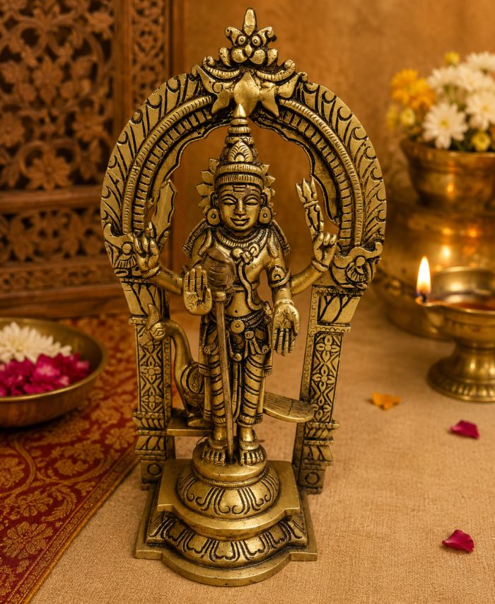 Brass Murugan statue with peacock and decorative arch for pooja room