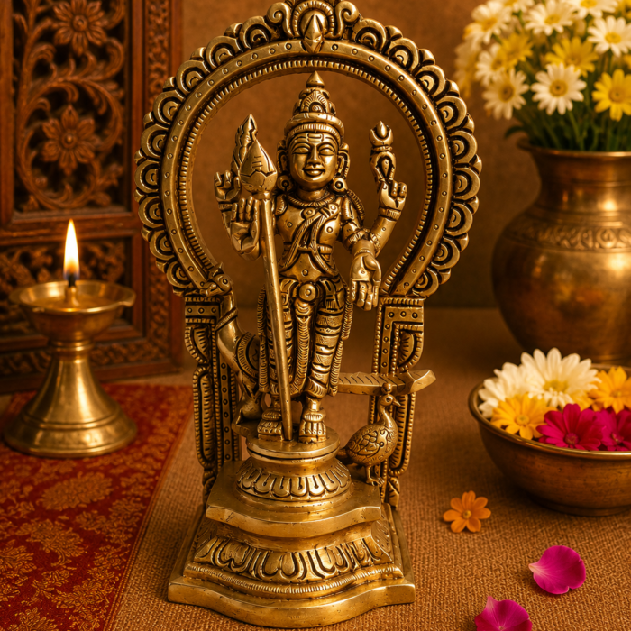 Brass Murugan with peacock and Vel statue for pooja room
