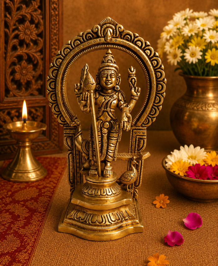 Brass Murugan with peacock and Vel statue for pooja room