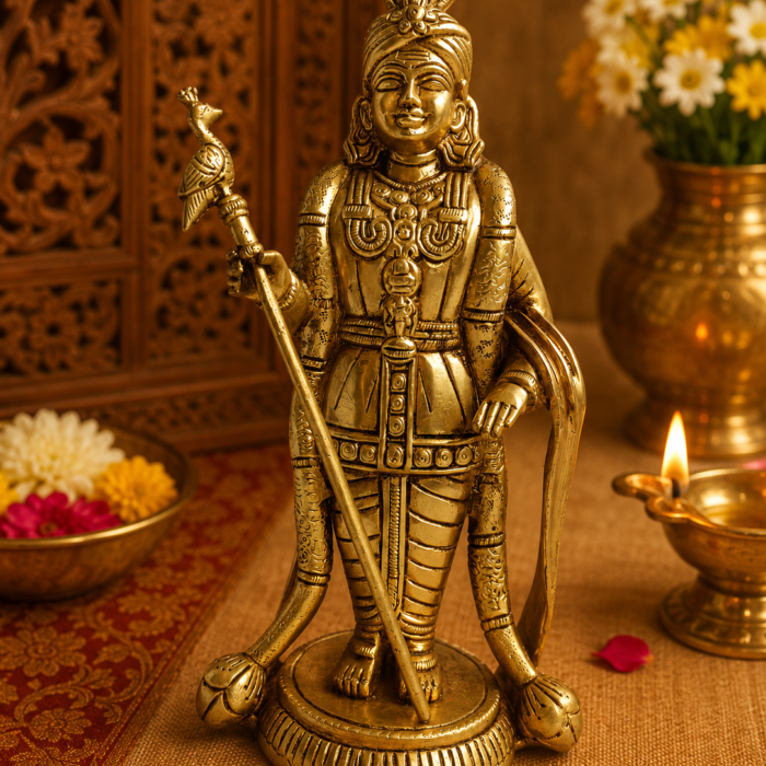 Brass Murugan with Peacock Vel statue for pooja room and home temple