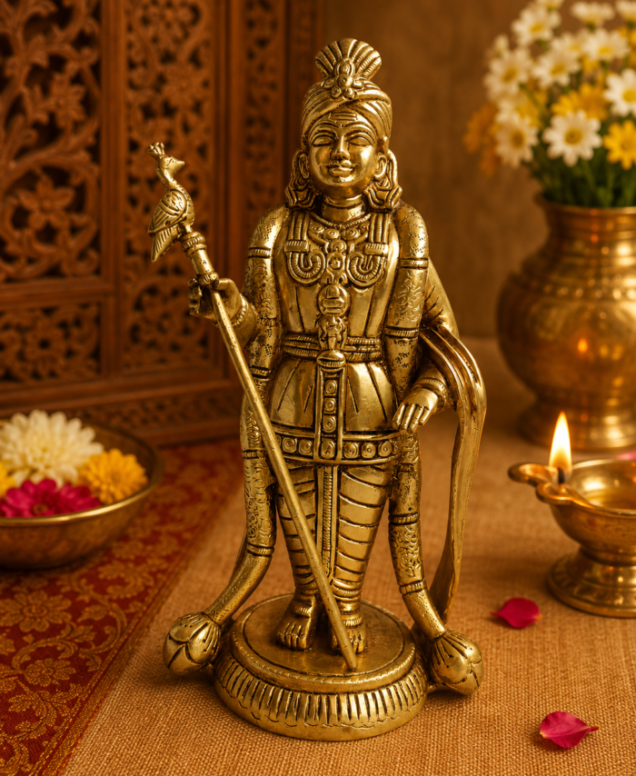 Brass Murugan with Peacock Vel statue for pooja room and home temple