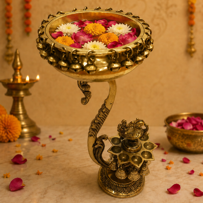 Brass Peacock Round Uruli Bell Lamp for Pooja and Home Décor