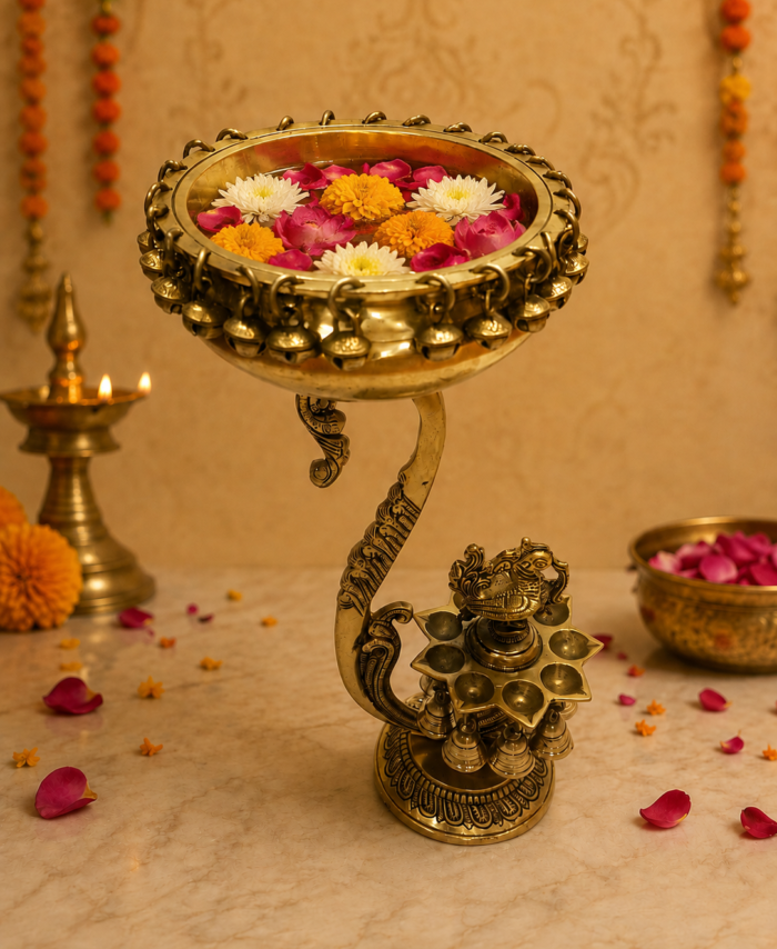 Brass Peacock Round Uruli Bell Lamp for Pooja and Home Décor