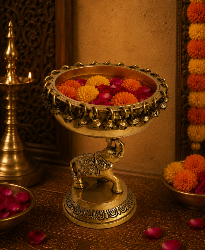 Brass Uruli Round Elephant Bell for traditional home and pooja decor.