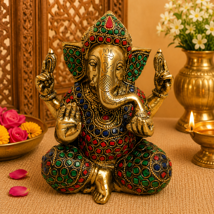Brass Blue Stone Design Ganesha Statue for Home Pooja and Decor