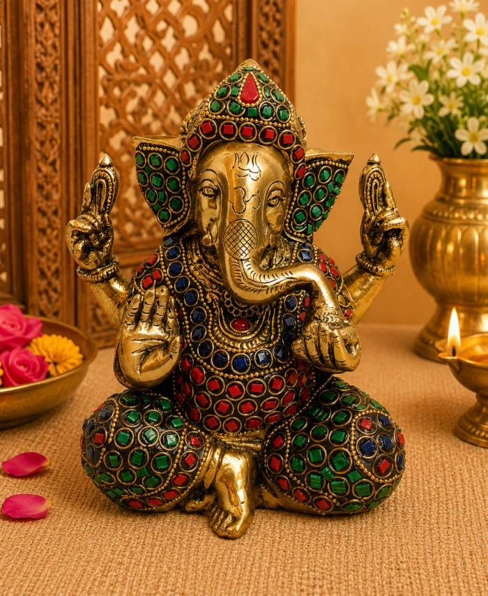 Brass Blue Stone Design Ganesha Statue for Home Pooja and Decor