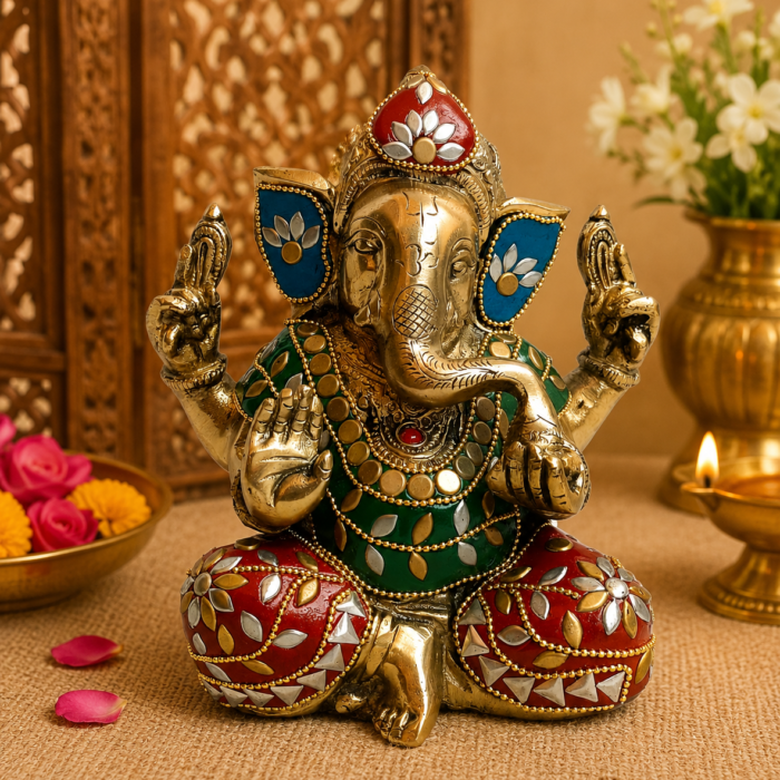 Brass stone floral design Ganesha statue for home decor and pooja
