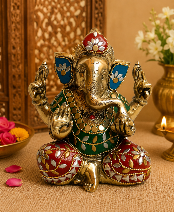 Brass stone floral design Ganesha statue for home decor and pooja